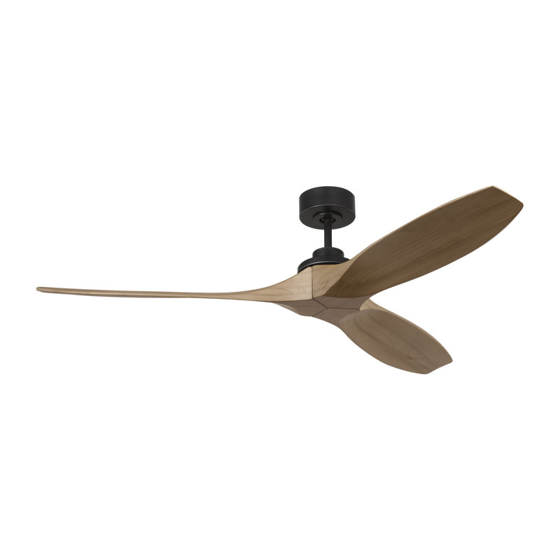 Collins 60-inch indoor/outdoor smart ceiling fan in midnight black finish with natural honey blades, handheld remote control, and compatible with Alexa, Google Home, and Bond Home Action from Visual Comfort Fan