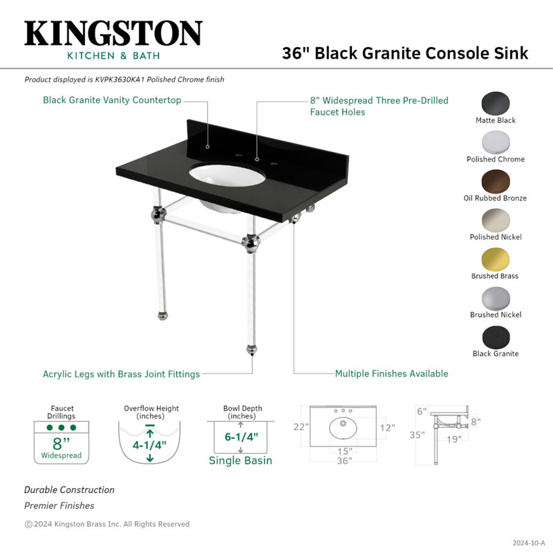 Kingston Brass Templeton 36-Inch Black Granite Console Sink with Acrylic Legs (8-Inch, 3-Hole), Brushed Brass