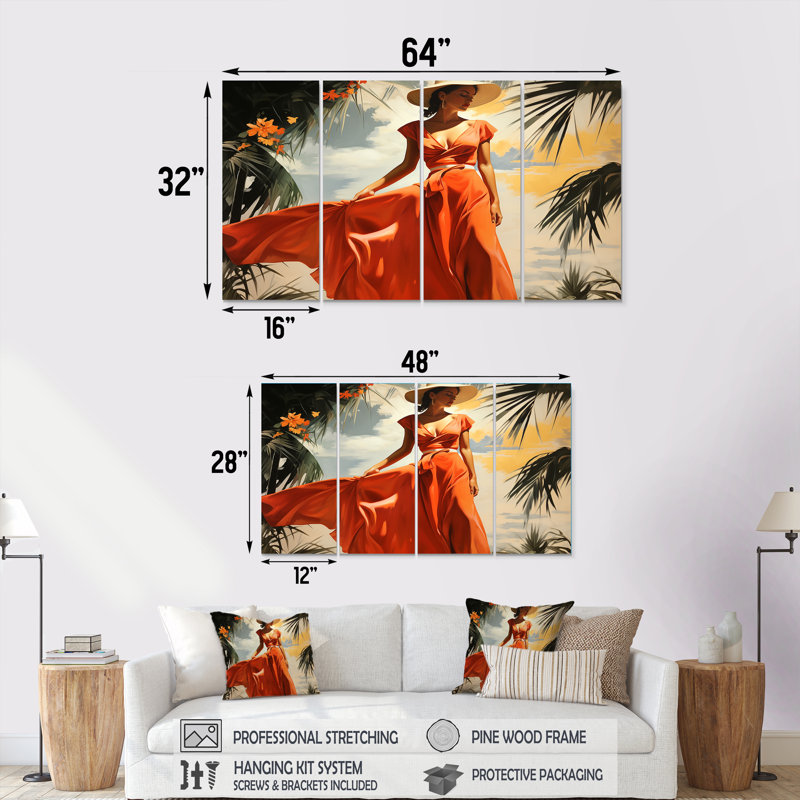 «Beach Breeze Holiday Woman Portrait», ensemble de 4 décorations murales mexicaines, H 32 po x l 64 po