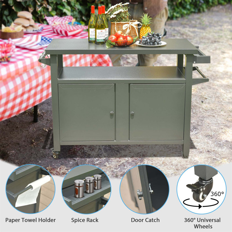 Durable Metal Grill Cart With Ample Storage And Smooth Rolling Wheels For Outdoor Cooking And Dining, Gray