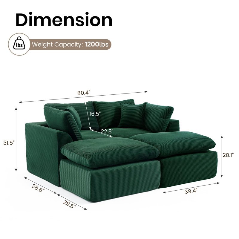 4 - Piece Slipcovered Corduroy Sectional Sofa Sleeper Couch, Green