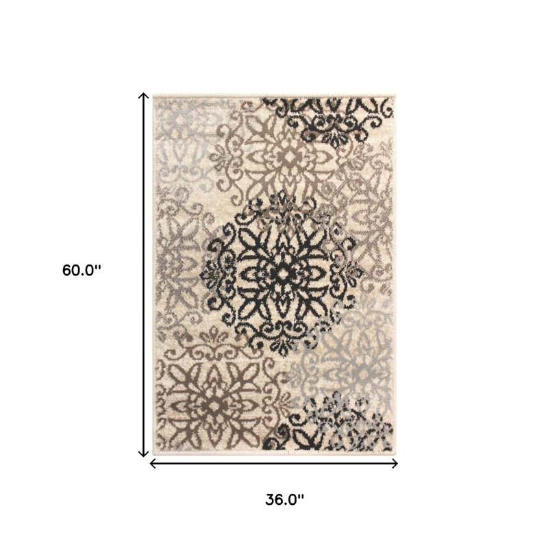 Tapis beige et gris tissé à la machine 3 pi x 5 pi Medallion