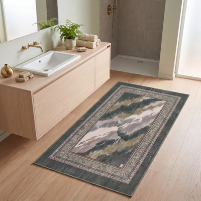 Tapis Highland2 moderne à l'aspect vieilli, aquarelle abstraite verte, grise et blanche, lavable à la machine, antidérapant, à poils courts, pour l'intérieur et l'extérieur, adapté aux animaux domestiques, idéal pour le salon, la chambre, la salle à manger, l'entrée, le couloir ou le bureau.