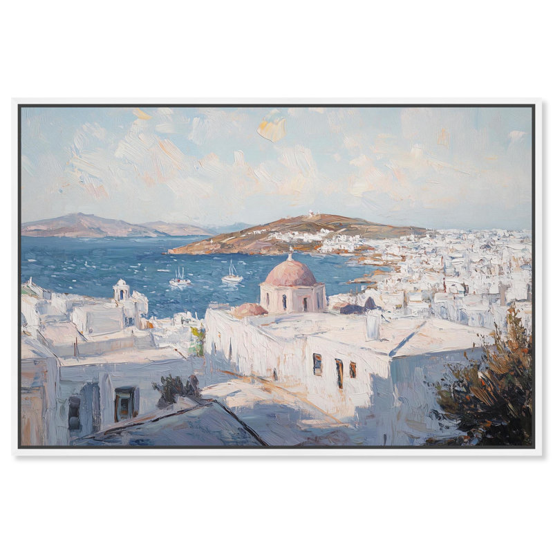 Tôt le matin, Grèce, toile par Art Remedy, H 37 po x l 55 po, Cadre flottant, Blanc