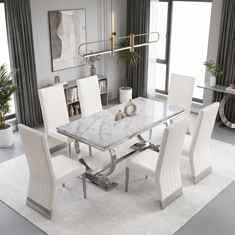 Ensemble table et chaises de salle à manger grises de 178 cm (70 pouces) avec 6 chaises de salle à manger en similicuir argenté pour 6 personnes