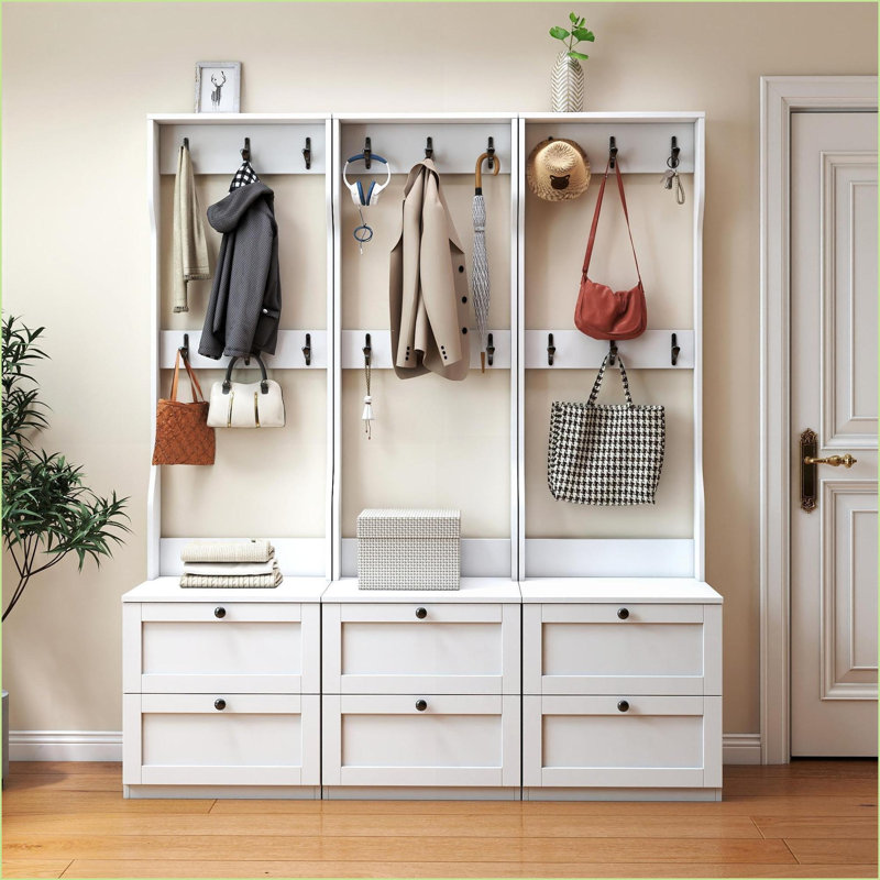 Table de chevet 2-en-1 avec 2 tiroirs Crochets, organisateur de chambre / entrée autoportant | Panneau de particules et panneau de fibres à densité moyenne | Minimaliste