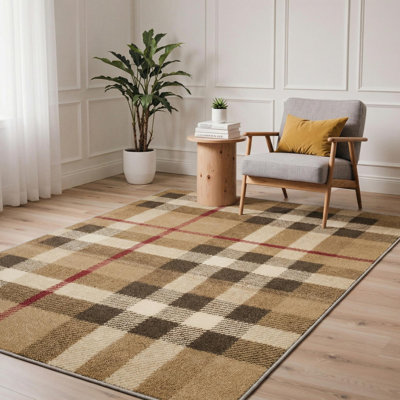 Modern Plaid Machine Washable Brown/Beige/Red Indoor Area Rug With Non-Slip Backing
