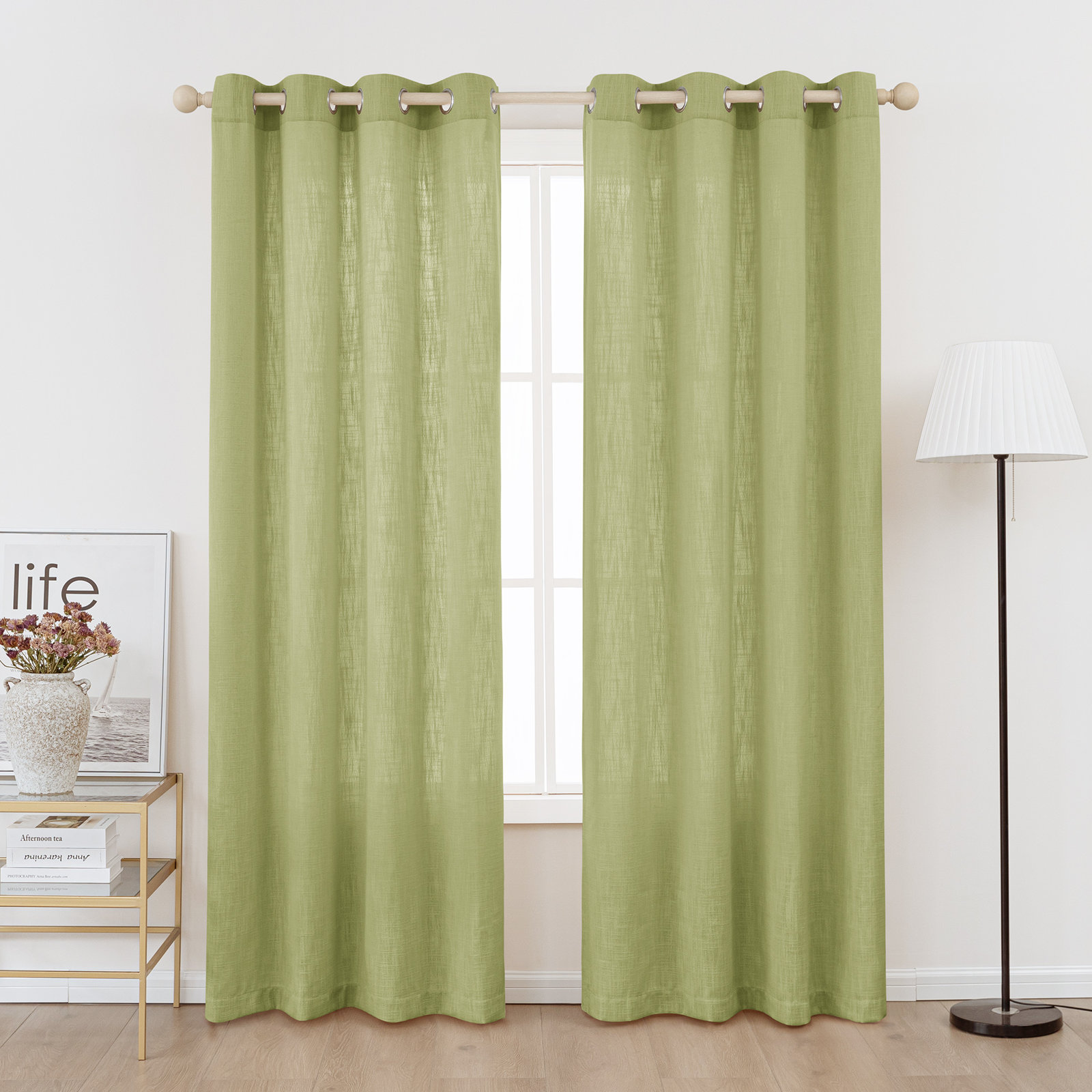 Kambi Semi-Sheer Linen Blend Curtain Set, Sage, 52" W x 84" L
