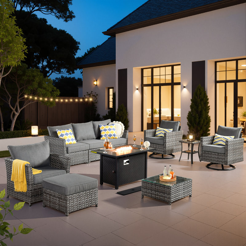 7-person Mostly No Assembly Required Outdoor Sectional With Cushions,swivel Rockers And Fire Pit,all-weather Wicker Patio Set