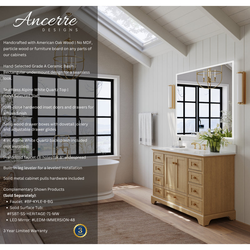 Audrey 48'' W Single Vanity, Oak/Rose Gold, Pure White Quartz