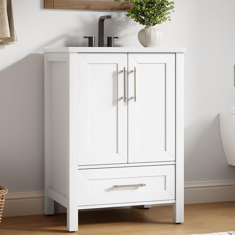 Meuble-lavabo autoportant avec lavabo en céramique intégré, portes à fermeture douce, poignée en métal, armoire de rangement en bois pour petits espaces (options de 16 à 36 pouces)