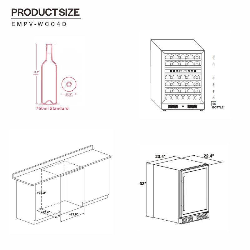 Stainless Steel Dual Zone 46-Bottle Wine Refrigerator with Blue LED Lighting