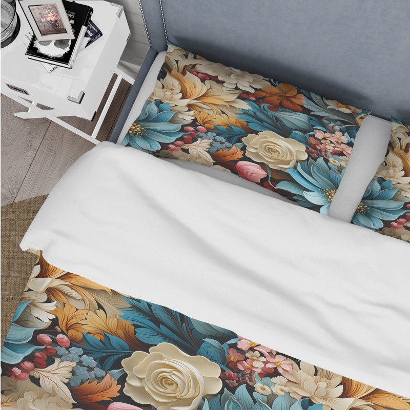 Literie de fleurs bleues et beiges éclatantes, Housse de couette pour très grand lit et 2 très