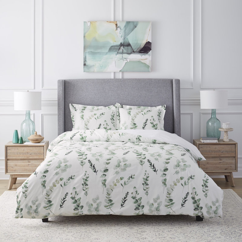 EUCALYPTUS Cotton Percale Floral Duvet Cover, Full/Queen Duvet Cover + 2 Shams