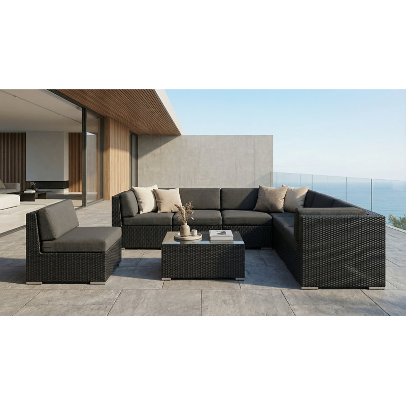 Billyjo Wicker 7 - Person Seating Group with Cushions - No Assembly, Black, Coal Sunbrella® Canvas