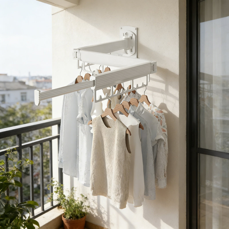 Wall-Mounted Laundry Drying Rack, Foldable Clothes Hanger Organizer, White