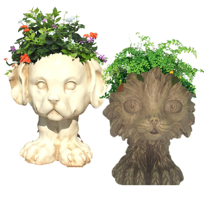 Ensemble de 2 statues mugley le chat et le chien Mugley's Muggly's, Lavage en pierre/blanc antique