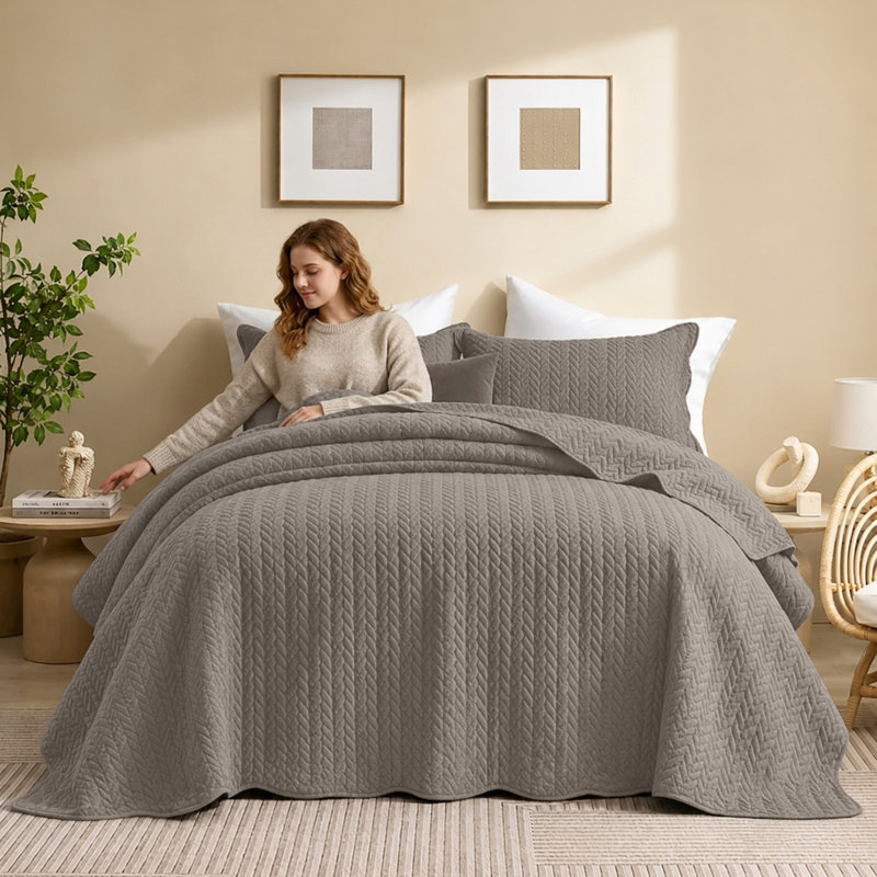 Microfiber Embossed Oversized Modern & Contemporary Bedspread Set With Shams, Beige, Full Bedspread + 2 Pillowcases