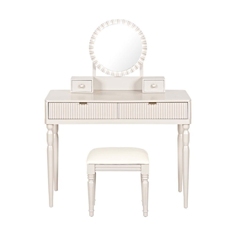 Bureau de coiffeuse de luxe avec miroir rond, hauteur réglable, ensemble de coiffeuse, 4 tiroirs et tabouret, champagne