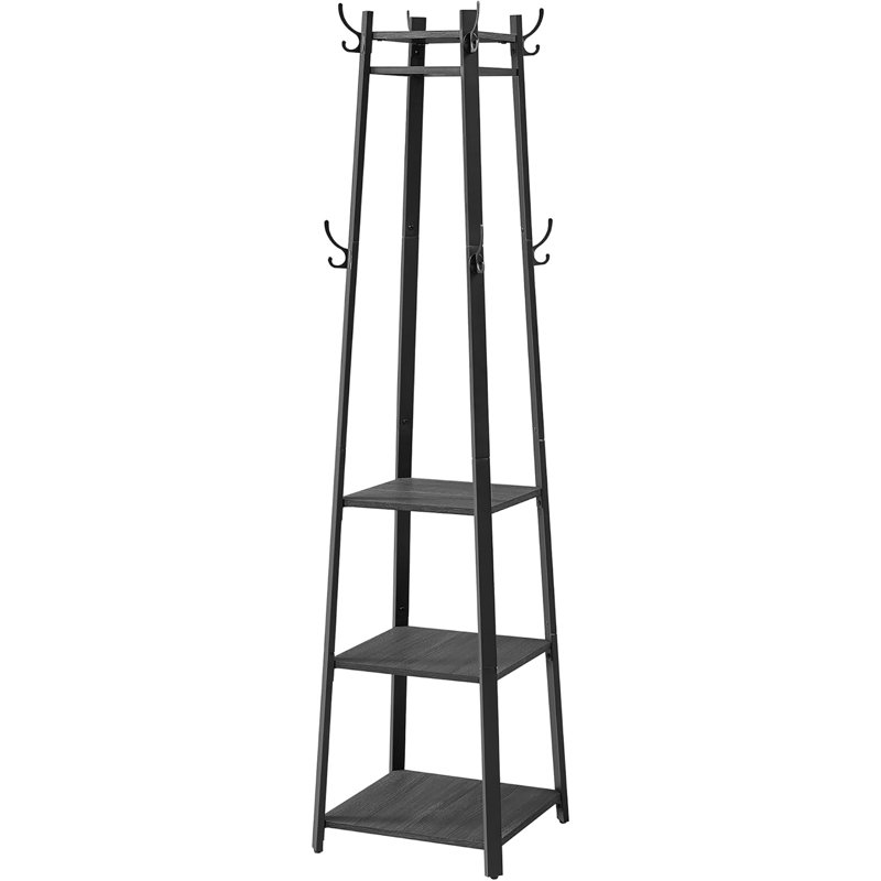 Industrial Inspired Freestanding Coat Stand: 3 Shelf Storage with Hooks for Entryways & Living Rooms, Charcoal Gray