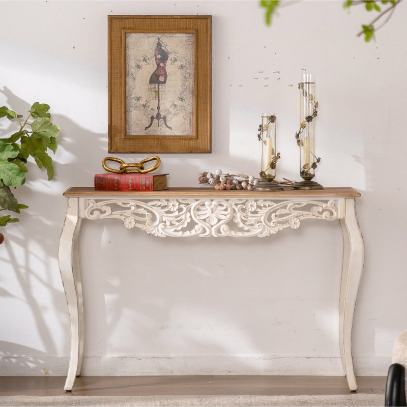 Antique White Vintage Console Table With Wood Carvings And Open Design, Complement Modern Settings, , 14.85 Lb Product Weight Inspired Carvings, High - Quality, Place Wall,