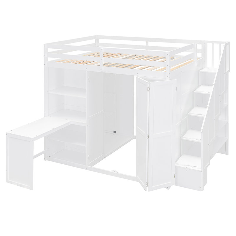  Lit mezzanine double avec garde-robe, bureau et tablettes, blanc, Blanc
