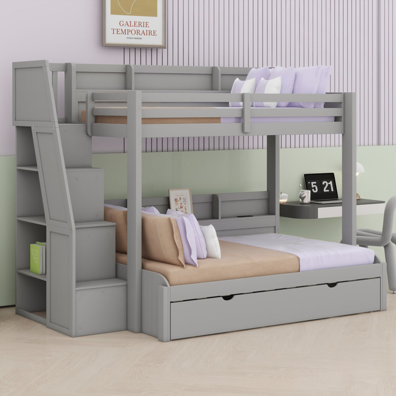 Lit superposé en bois avec escalier de rangement, lit gigogne, tablettes, ports DEL et USB, Gris