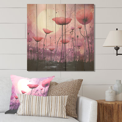 Moonlit Pink And Purple Poppies Glow Meadow - Poppies On Wood Print