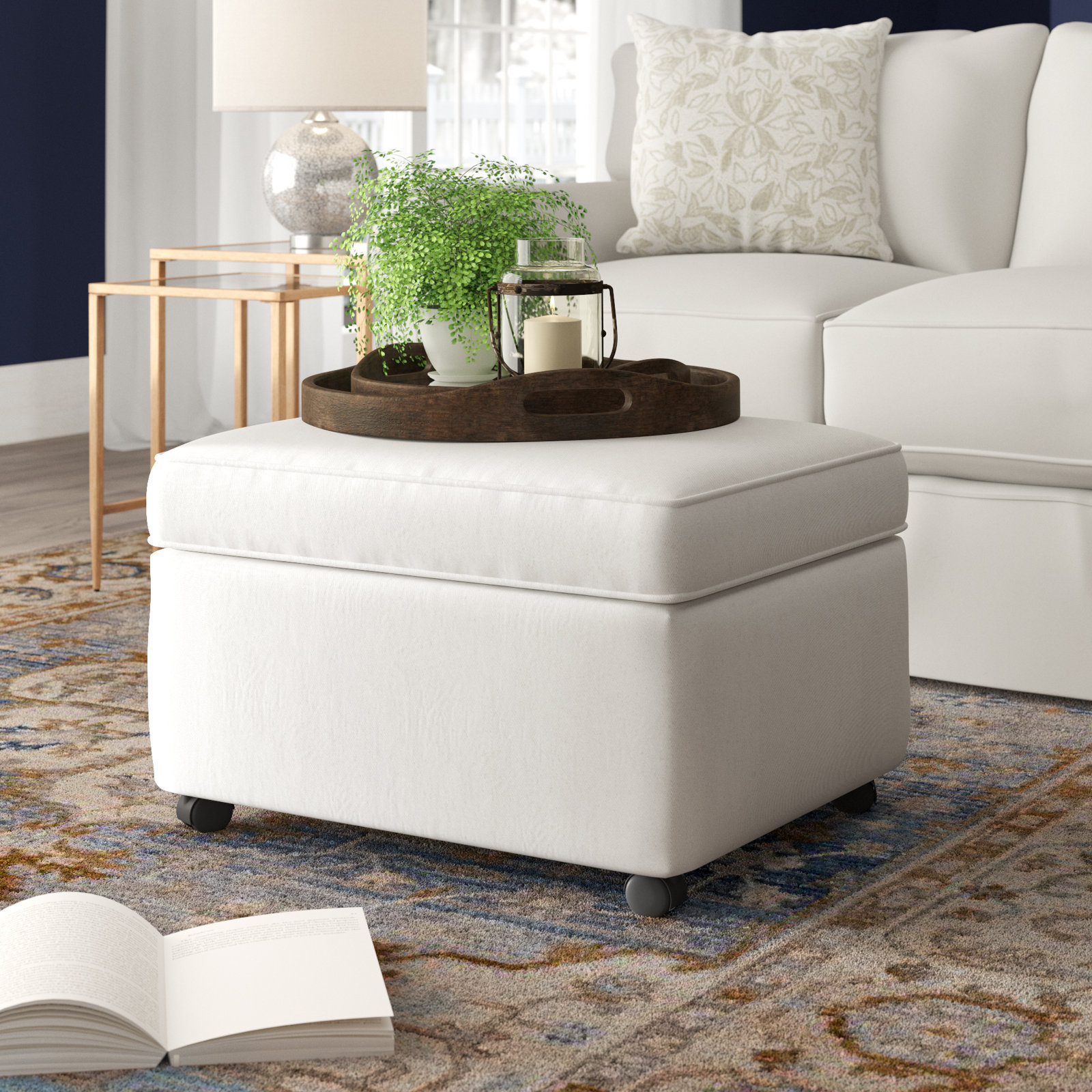 Rika Upholstered Ottoman, Classic Bleach White Twill