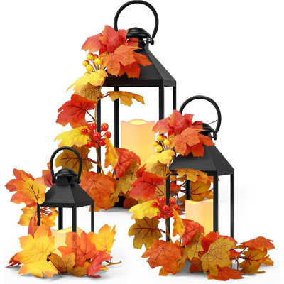3-Piece Fall Lantern Set with LED Candles, Decorative Outdoor Lanterns in 11", 15" & 16" Sizes