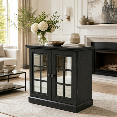 Buffet de rangement avec 2 portes décoratives en miroir en acrylique, tablette réglable pour la salle à manger, le salon, la cuisine, poignées en métal, panneau de fibres à densité moyenne avec finition grain de bois 3D
