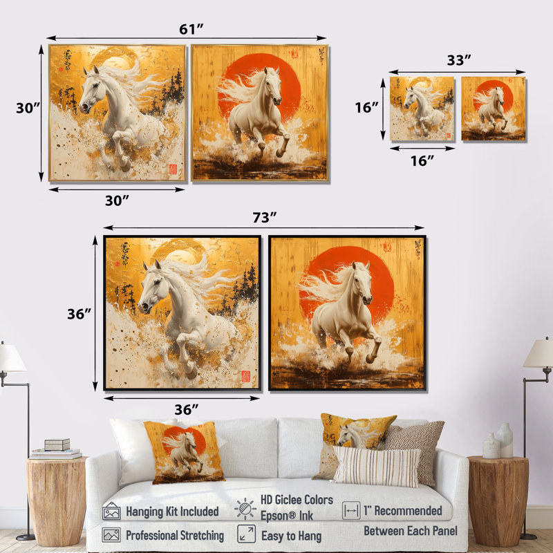 «Japon cheval Windy Plains III», art mural cheval - ensemble d'art mural moderne 2 pièces, H 36 po x l 73 po, Crème, crème