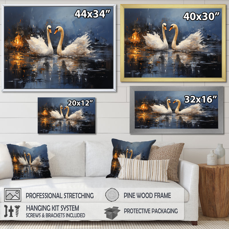 White Swans Harmony Moonlight Pond I - Art mural animaux cygnes, Cadre d'angle fermé noir, H 30 po x l 40 po x P 1,5 po