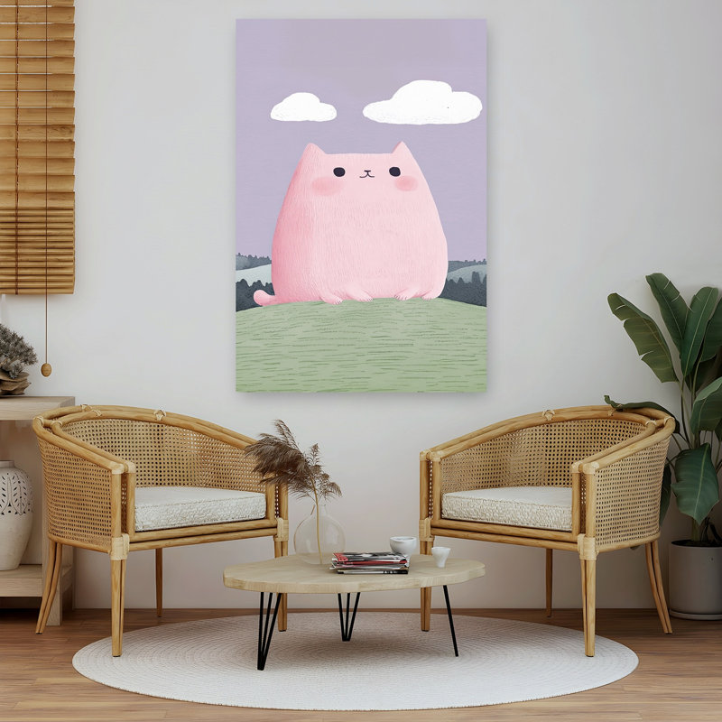 Pink Cat On Hill Peaceful Whimsical Abstract Cat Nature Landscape Wall Art Print 1 Piece Wrapped Canvas Wall Art
