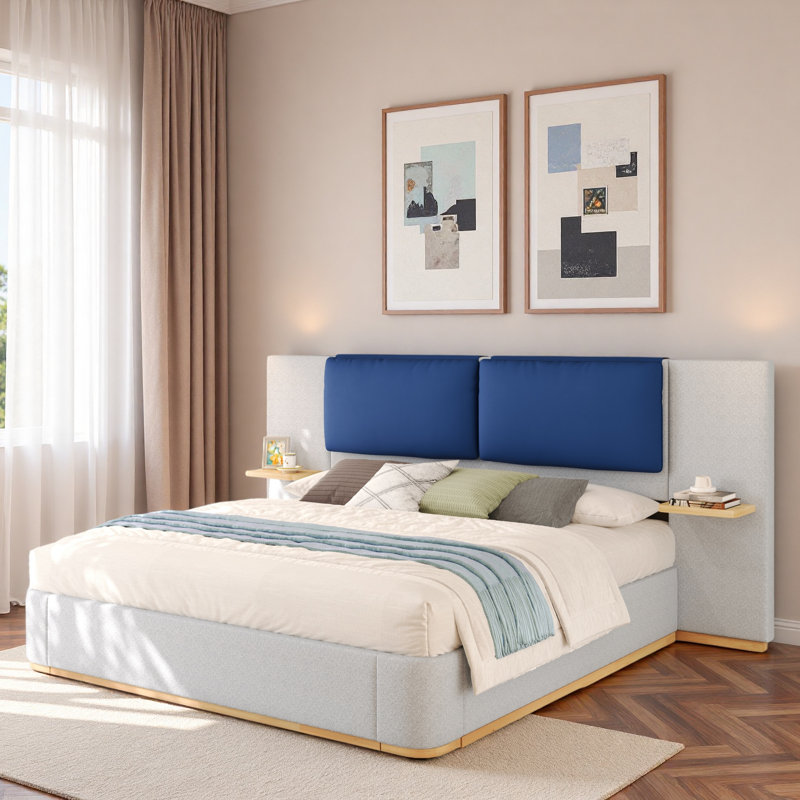 Lit plateforme tapissier avec tablettes, Gris, Grand lit