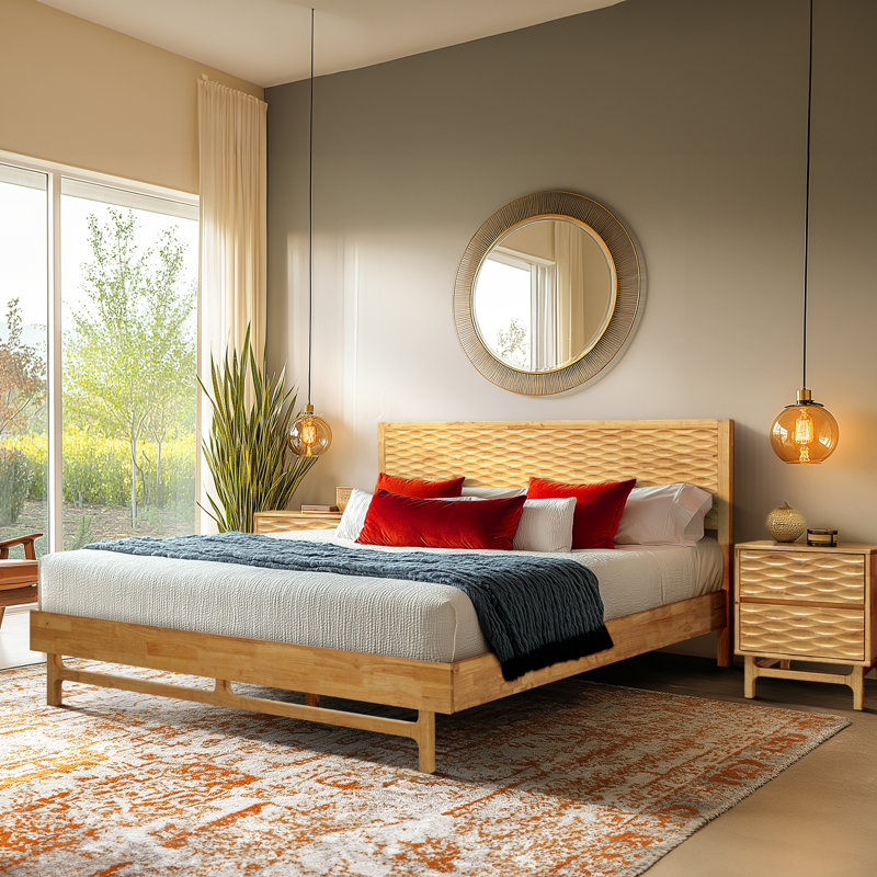 Structure de lit plateforme en bois massif Gerrell avec tête de lit sculptée - style Mid-Century moderne, capacité de 800 lb, support de matelas, aucun sommier requis, garantie de 5 ans