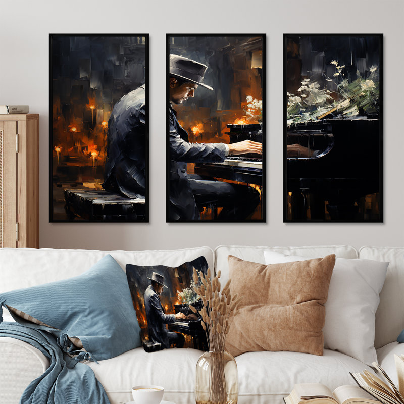 Floral Floral Jazz Room Elegance II - art mural piano, Cadre flottant noir, H 40 po x l 61 po