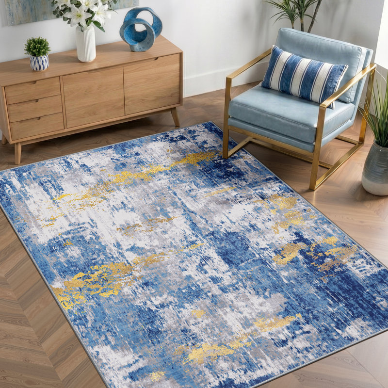 Modern Abstract Printed Area Rug Non-Slip Machine Washable Low Pile for Living Room Bedroom, Runner 2' x 6', Blue/Gold