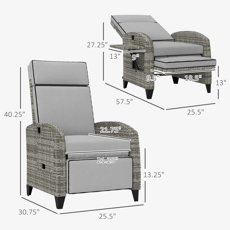 Outdoor Recliner Chair With Cushions, Reclining Patio Lounge Chair With Adjustable Footrest, Armrests, Tray Table, Gray, Gray