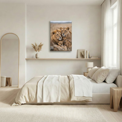 Golden Lion Family Resting In Tall Dry Grass Canvas Wall Art