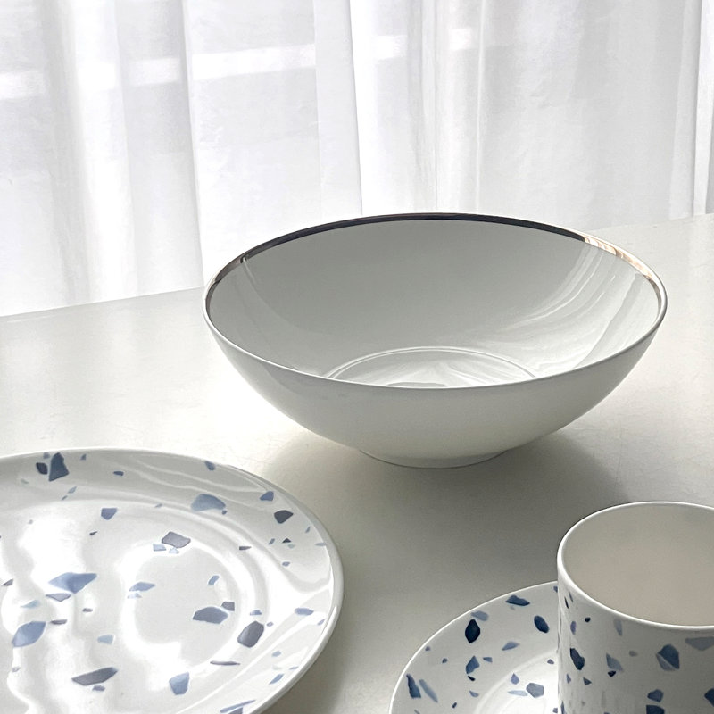Golden Edge Bone China Serving Bowl, White/Silver