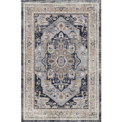 Tapis d'intérieur vintage lavable à la machine Bohème rétro bleu, 5 pi x 7 pi