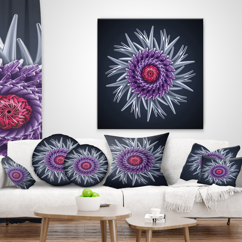 Coussin imprimé floral mauve à motif abstrait 3D sur fond noir, 16 po x 1 po, Coussin décoratif