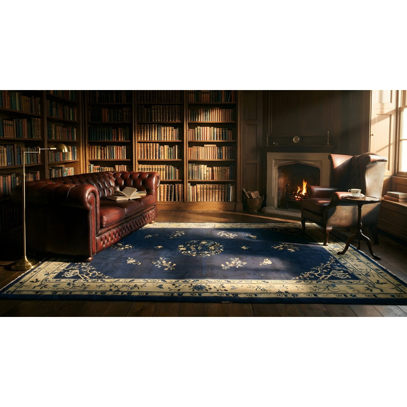 Tapis rectangulaire en laine noué à la main bleu ivoire, beige, crème, des années 1920