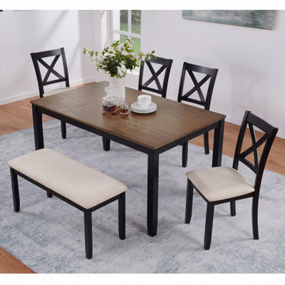 6-Piece Farmhouse Dining Set: Wooden Table & 4 Chairs + Bench, For 6 People, Black & Oak Two Tone