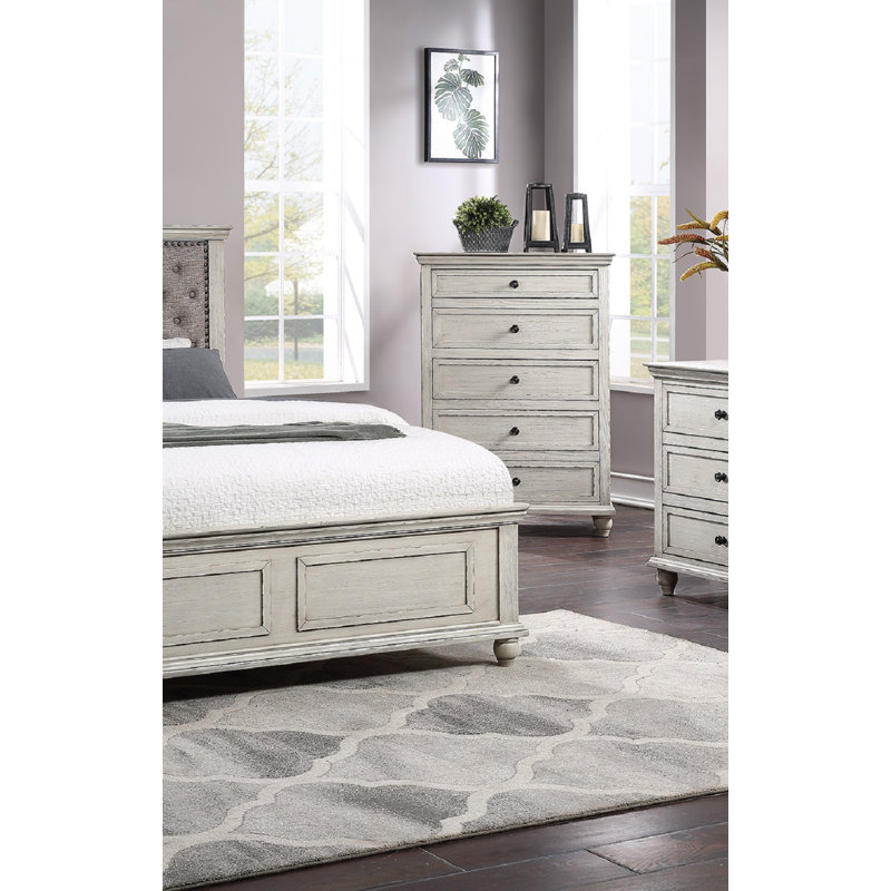 Commode 5 tiroirs en bois au fini gris, Blanc