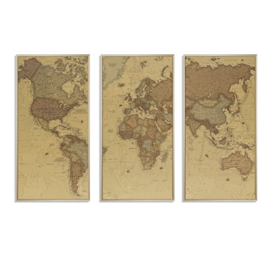 Ancienne carte du monde III - cadre flottant de 3 pièces, impression sur toile