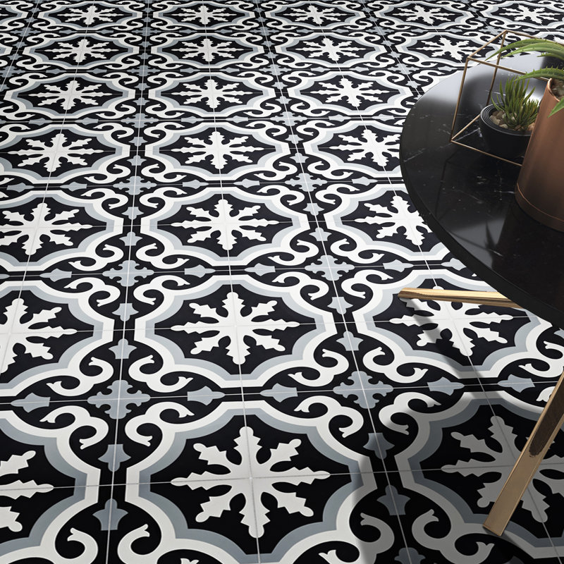 Tanger 8" x 8" Cement Patterned Wall & Floor Tile, Black/Gray/White