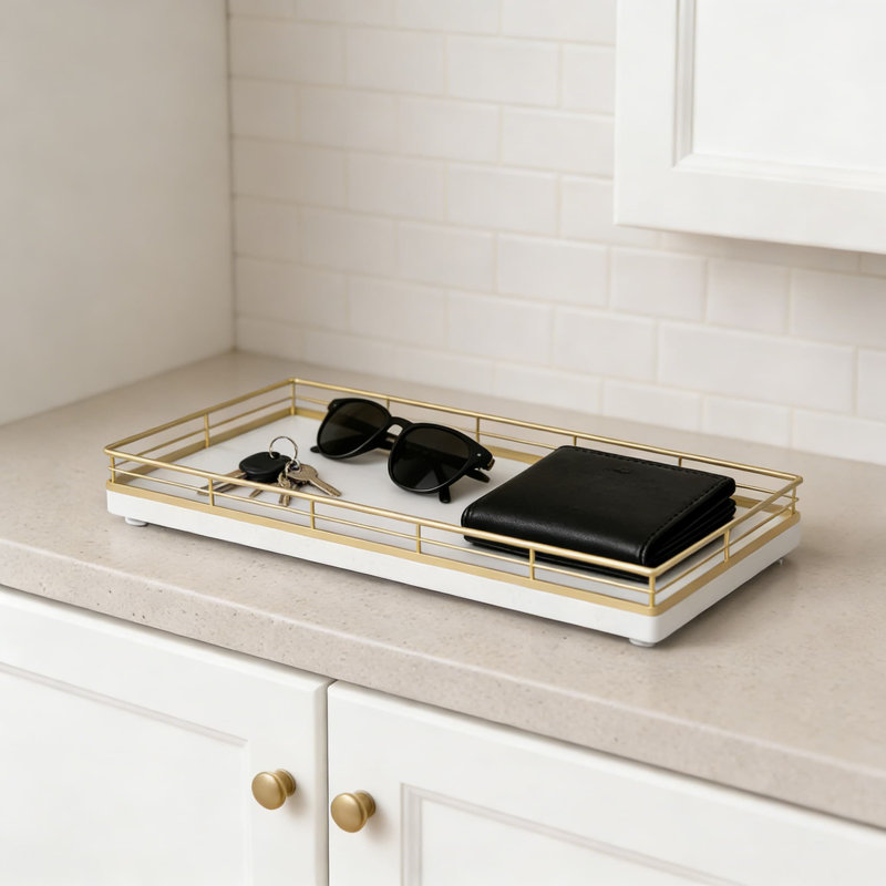 Plateau de meuble-lavabo en bois avec cadre en fer, organisateur de comptoir décoratif pour le savon, les parfums et les essentiels de salle de bain, résistant à l'humidité et antidérapant