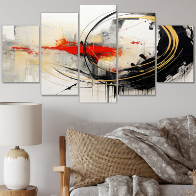 «Midnight Passion Abstract Wave Scarlet & Gold III», reproduction sur toile abstraite - 5 panneaux